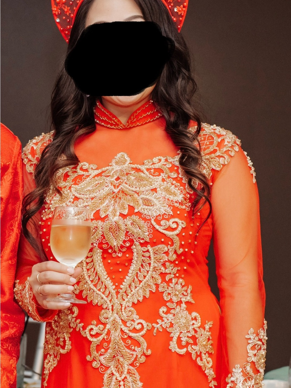 Red and gold embroidered wedding Ao Dai